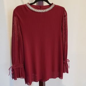 Alfani maroon mini pleated, rhinestone neckline blouse, size PXL -  NEW